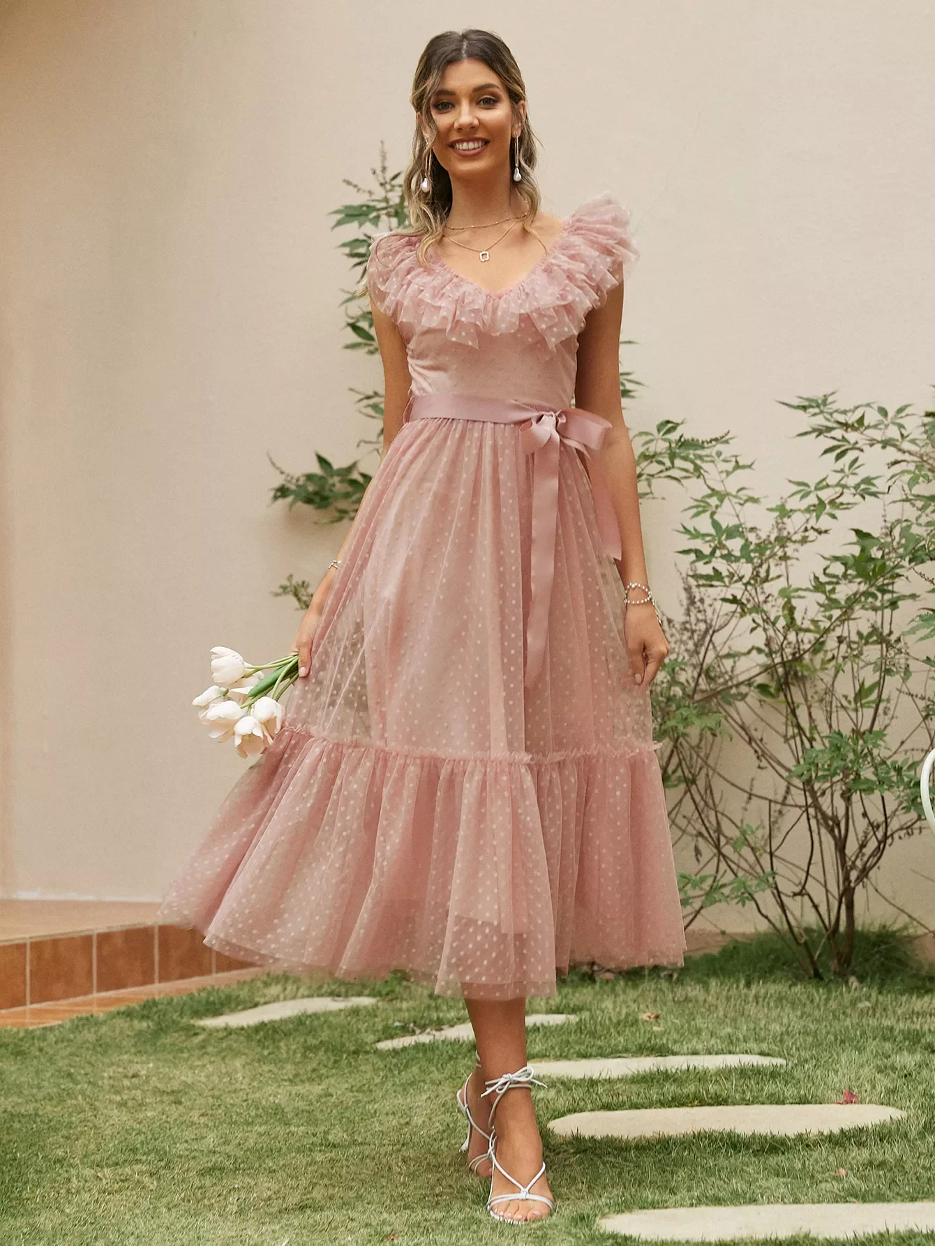 

Simplee V-neck mesh polka dot summer tulle party dress women Backless pink ruffle sleeveless dresses Elegant sash maxi vestido