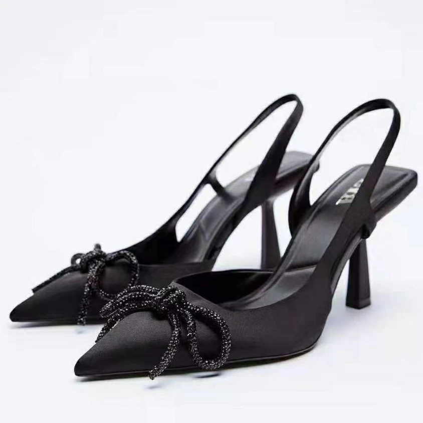 

Baotou High-heel Sandals Women's Slingbacks 2024 Summer New Pointy Rhinestone Bowknot Stiletto Lady Work Shoes Black Size 35-43