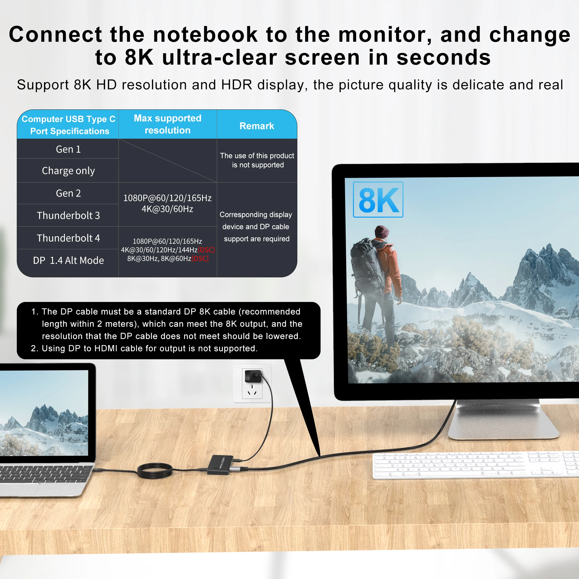 Фото KVM-переключатель USB C, 2-портовый KVM-переключатель 8K, 8K, 60 Гц, 4K при 144 Гц для 2 ноутбуков, монитор с выходом видео USB-C — DP1.4 и концентратором для передачи данных 3xUSB2.0 №3