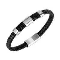 fashion trend vintage leather woven bracelet simple titanium steel magnetic fastener mens bracelet