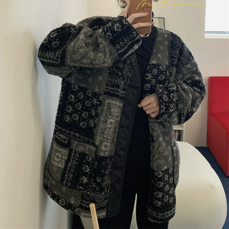 Women's Parka Coat Fashion Print Winter Jacket Loose Round Neck Warm Thick Lamb Wool Thicken Jacket Casual Streetwear Women