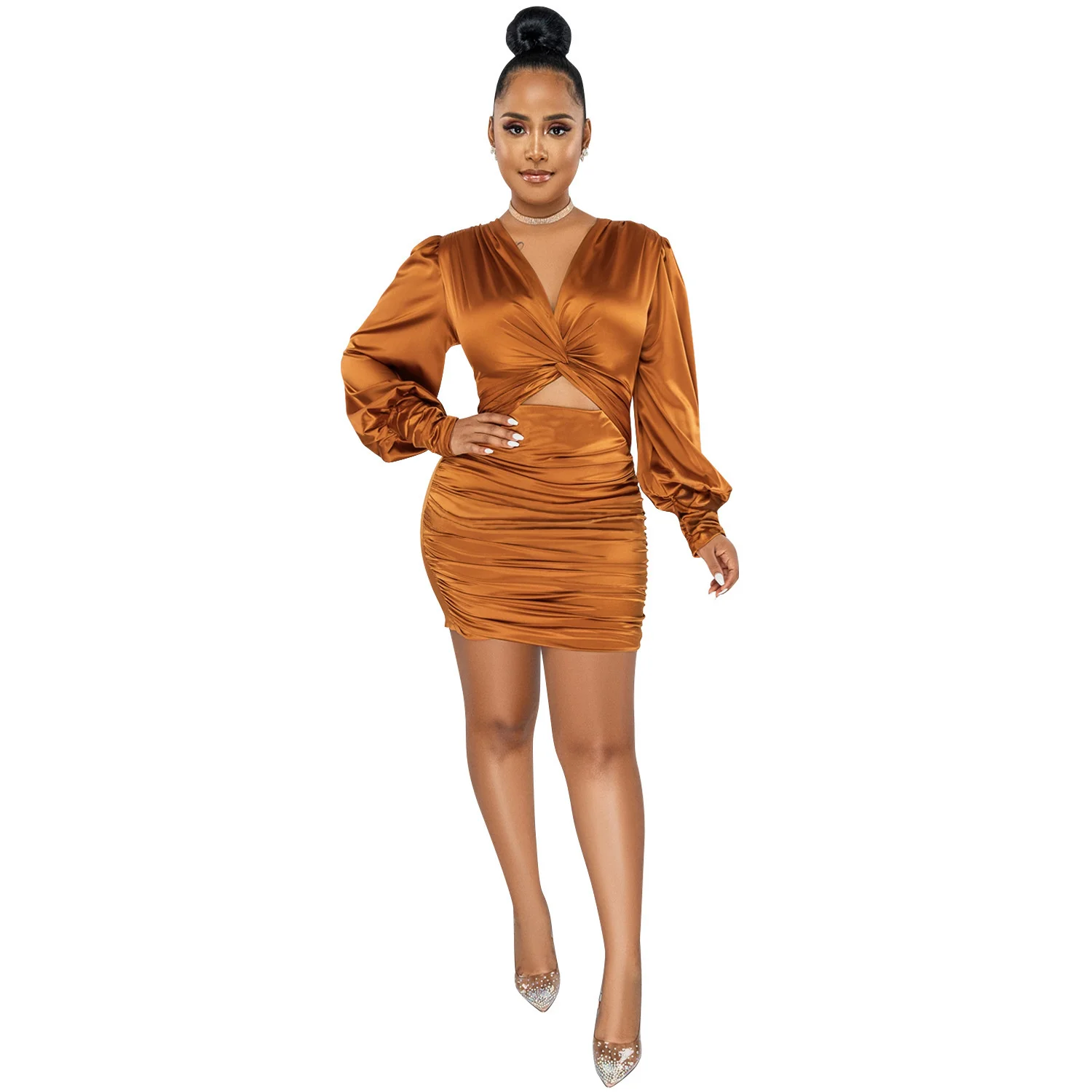 

Znaiml 2022 Strechy Midi Silk Dresses Women Solid Dress Full Sleeve V-neck Vintage Fashion Party Vestidos Autumn Winter Outfit