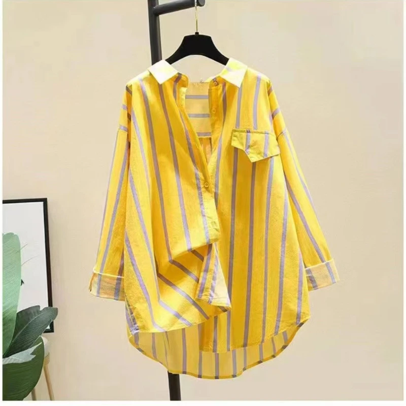 

Yellow striped shirt women's 2022 summer new Korean bat sleeve medium long shirt design sunscreen jacket 52j, 711-9