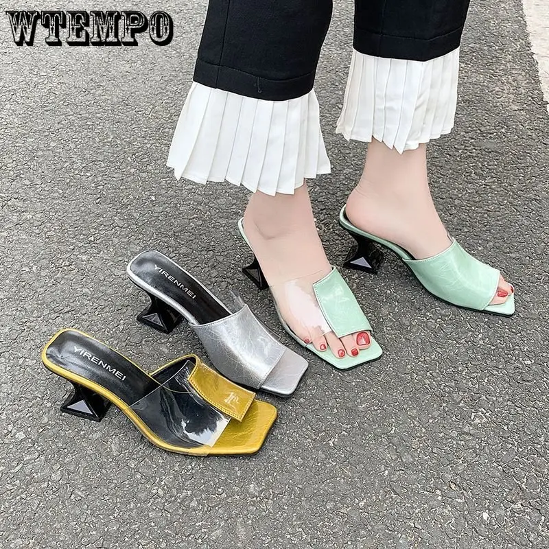 WTEMPO Women's Sexy Spliced Design Shoes Contrast Transparent Sandals Ladies Clear Square Open Toe Slides Wholesale Dropshipping