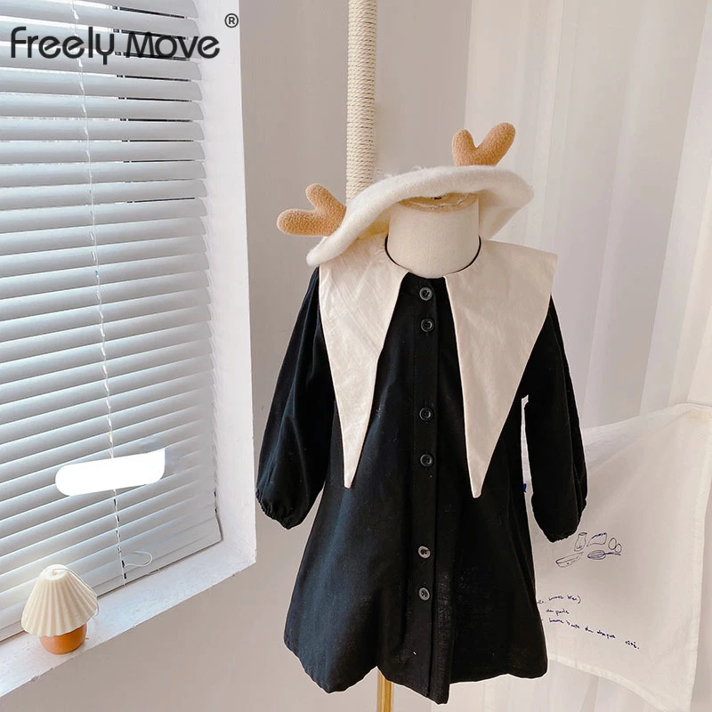 

Freely Move 2022 Autumn Kids Dress Cotton Cute Princess Girls Casual Dress Loose Peter Pan Collar Fashion Casual Kids Dresses