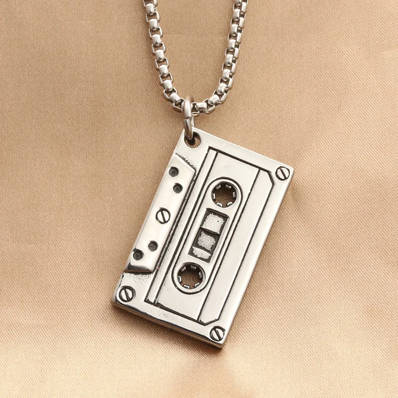 Fashion jewelry titanium steel song belt pendant necklace for men, retro accessories recorder cassette stainless steel men chain