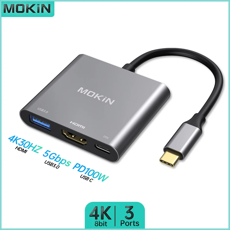

USB-концентратор MOKiN 3 в 1 для MacBook Air/Pro, iPad, ноутбука Thunderbolt — USB3.0, HDMI 4K30 Гц, PD 100 Вт, возможность подключения Plug and Play