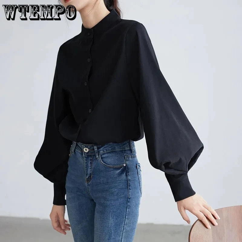 Lantern Sleeve Blouse Women Spring Autumn Single Breasted Stand Collar Shirts Office Work Blouses Solid Vintage Shirt Wholesale