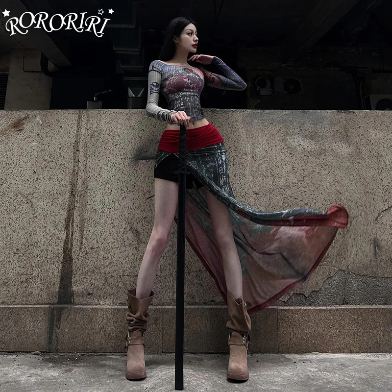 RORORIRI Y2k комплект с сетчатым топом и юбкой рельефным принтом женская тонкая
