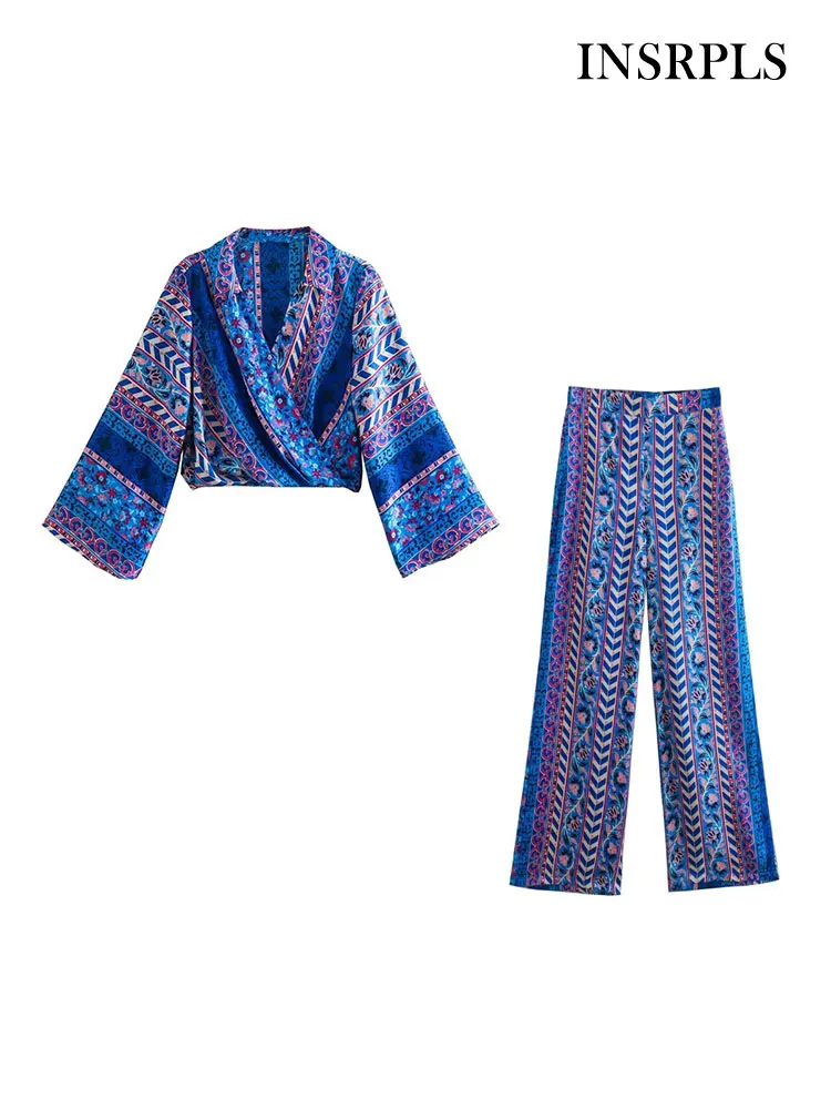 

INSRPLS Women Fashion Printed Cozy Cropped Blouses And High Elastic Waist Wide Leg Pants Female Two Piece Sets Mujer