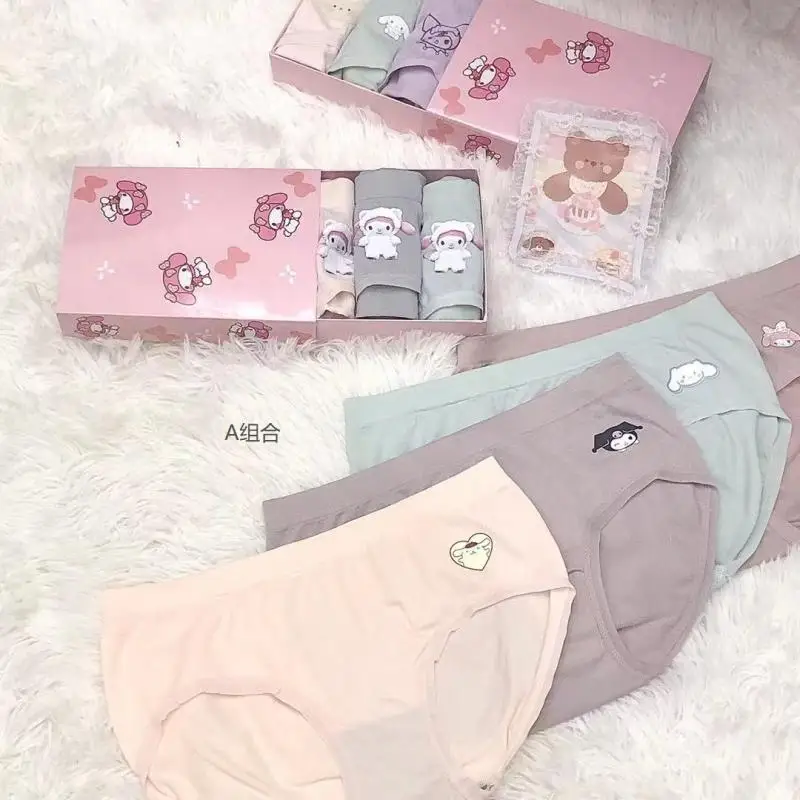 

4 шт./компл. женские хлопковые трусы Kawaii Mymelody Cinnamoroll Kuromi Sanrio, плюшевые Мультяшные милые трусики, фотография, подарок для девочки
