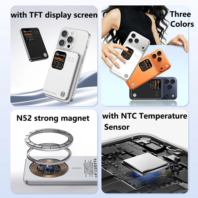 Фото Магнитный Power Bank Qi2 с датчиком температуры NTC, TFT-экраном и беспроводной быстрой зарядкой для MagSafe, iPhone 17, iWatch №3