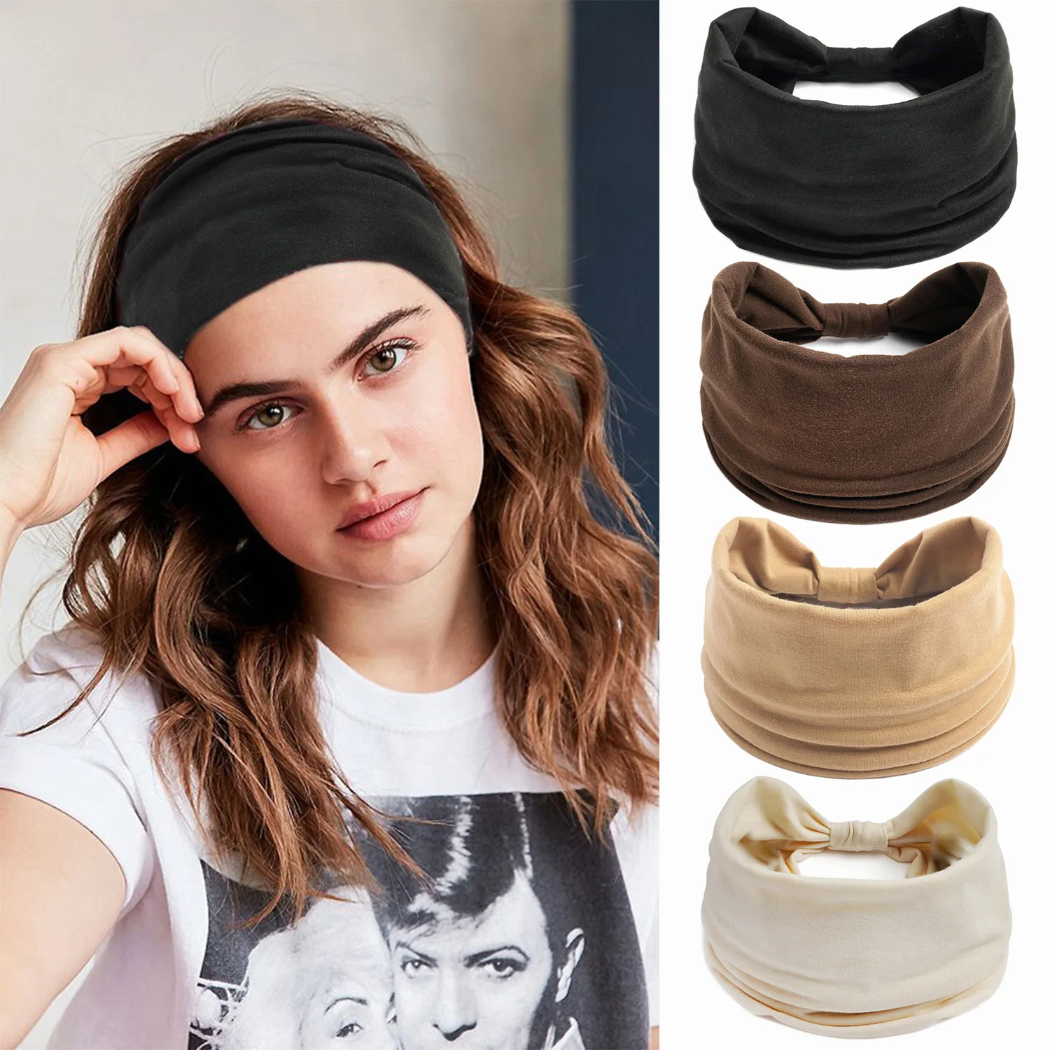 

Bohemian Wide Cotton Stretch Headbands Women Headwrap Headwear Bandage Hairbands Solid Color Wide Headbands Hair Accessories