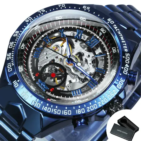 Часы наручные WINNER Мужские механические, Классические прозрачные автоматические, с ремешком из нержавеющей стали, темно-синие