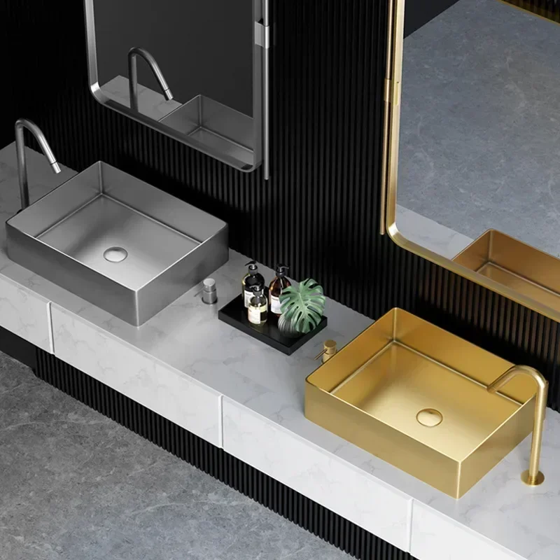Легкая роскошная золотая прямоугольная настольная раковина из нержавеющей
