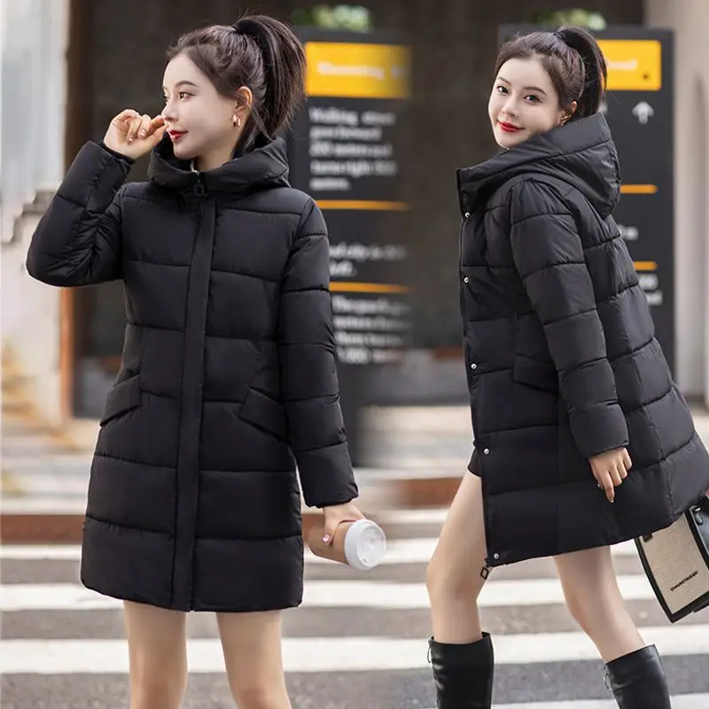 2022 Winter New Down Padded Jacket Women's Winter Mid-length Slim-fit Padded Jacket Hooded Thickening Warm Outer Wear Simple