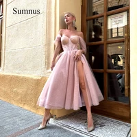 sumnus blush pink off shoulder prom dress shiny tulle sweetheart party dresses side slit sexy midi evening party gowns for women