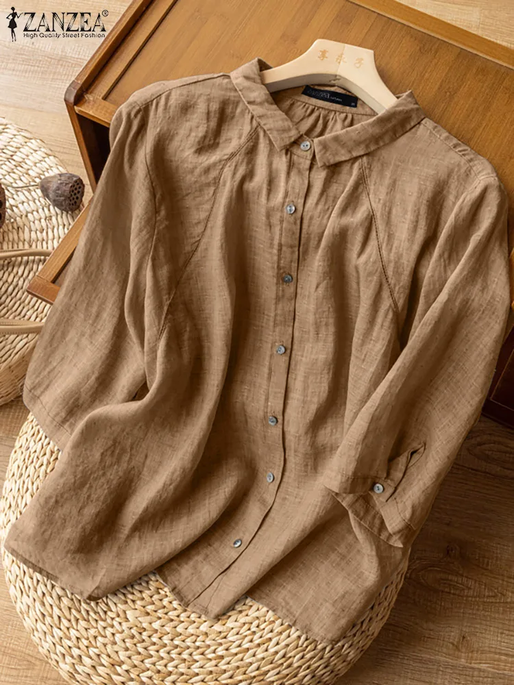 

Блузка ZANZEA женская с отложным воротником, свободная рубашка с рукавом 3/4, Повседневная Туника, топ оверсайз, на лето