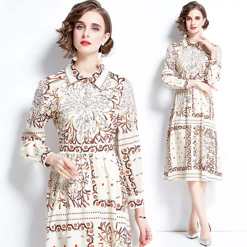

Design Floral Printed Big Shirt Dress Turn-down Collar Office Vintage Knee-Length Dress Luxury Party Tunic Slim Harajuku Dress