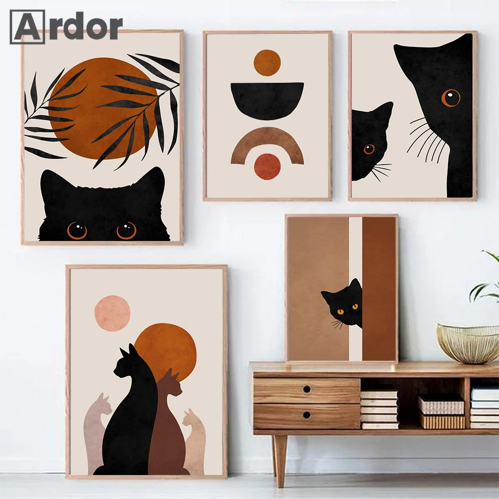 

Abstract Boho Sun Bowls Black Cats Print Wall Art Canvas Painting Minimalist Neutral Cat Poster Modern Wall Pictures Home Decor