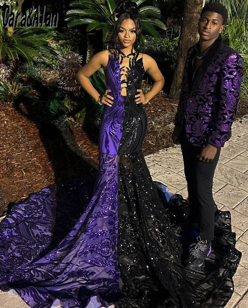 

Sexy Black and Purple Mermaid Prom Dresses For Black Girls 2023 Sequin Party Gowns Sleeveless Vestidos De Graduación