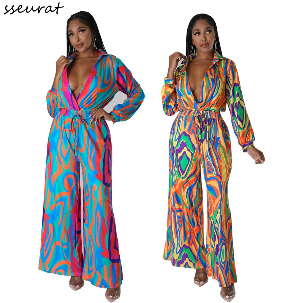 

Elegant Print Long Sleeve Blouse Style Wide Leg Straight Jumpsuit for Women 2022 Winter Autumn Romper