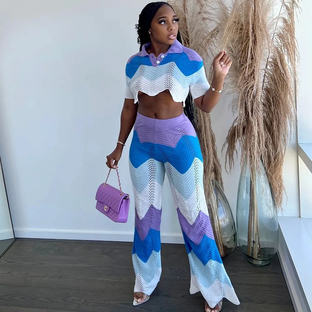 

Knitted Patchwork Two Piece Set Women Fashion Color Blocking Tops High Waist Stretchy Trousers Suits Female Streetwear Outfits