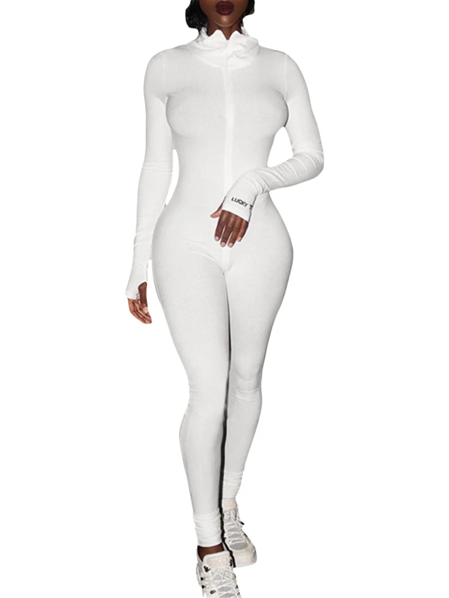 

Women s Long Sleeve Bodycon Jumpsuit Rompers Ribbed Knit Yoga Jumpsuits Turtleneck Slim Bodysuit Tracksuit