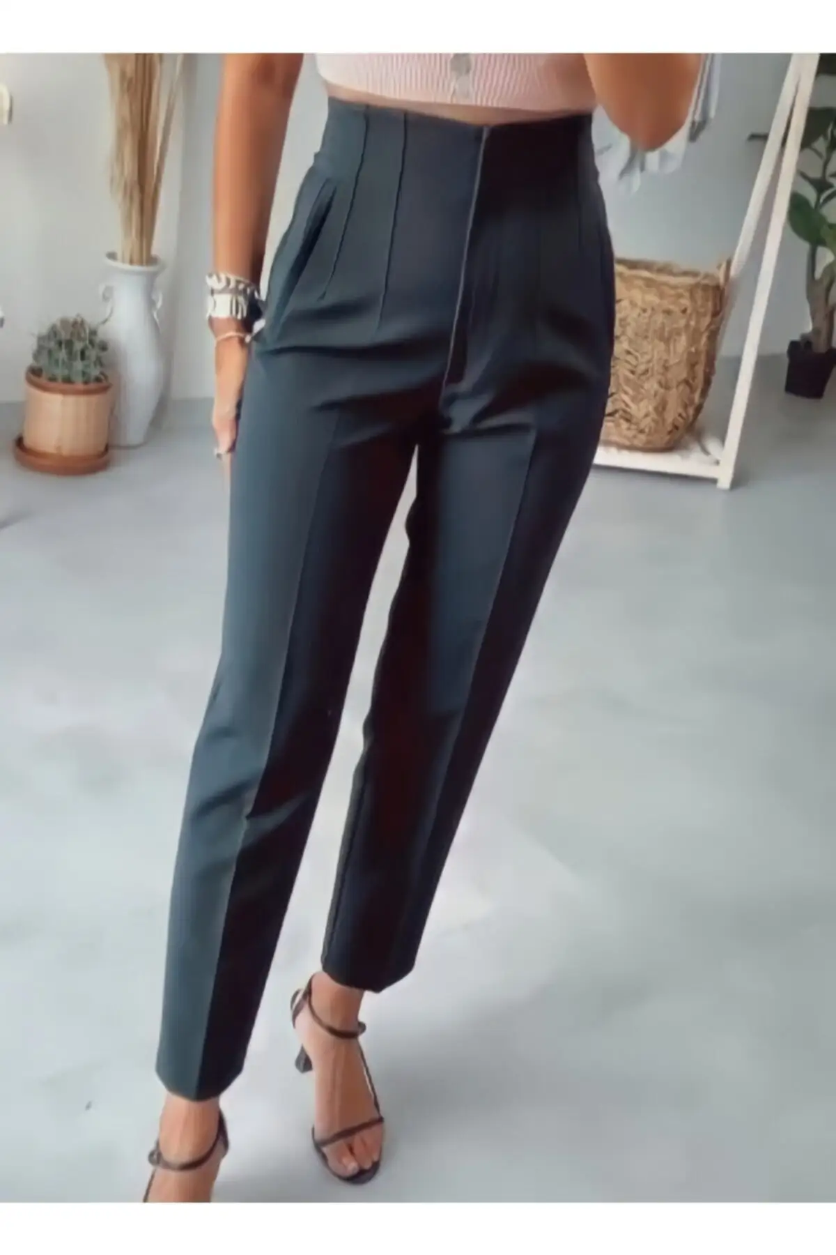 Women's Black High Waist Slim Pensli Pants (Woven)