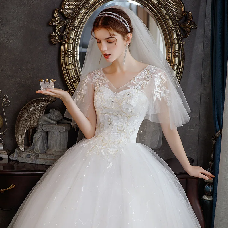 Light Wedding Dress 2020 New Fairy Temperamental Slimming and Simple Fantasy Mori French off-Shoulder Floor-Length Princess Dres