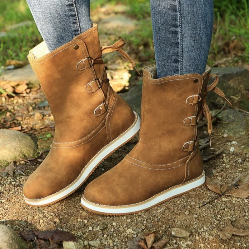 

Leopard Print Snow Boots Women's Lace-up Mid-top Boots Winter Fashion 2022 Mixed Color Women's Platform Flat Shoes Plus Size
