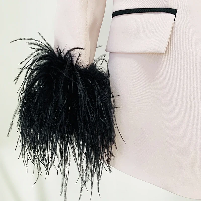 HIGH STREET Newest 2023 Designer Women's Color Block Stylish Feather Embellished Petal Sleeve Hidden Breasted Long Blazer Coat