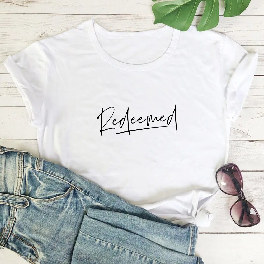 

Redeemed Alphabet Pattern Print Tshirt Women Cotton O-neck Short Sleeve Women T Shirt Fashion Casual Summer Camisas Mujer