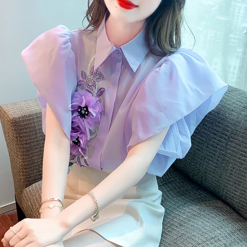 

Sweet Purple Chiffon Blouses for Women Summer 2022 New Flying Sleeves Three-Dimensional Flower Beautiful Shirt Ladies Blusas