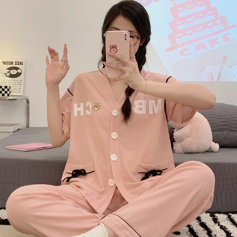 Elegant Women's Summer Waffle Cotton Pajamas Set Chic Lingeries Girl Kawaii Pijama Short Sleeve Casual Sleepwear Women's Clothes
