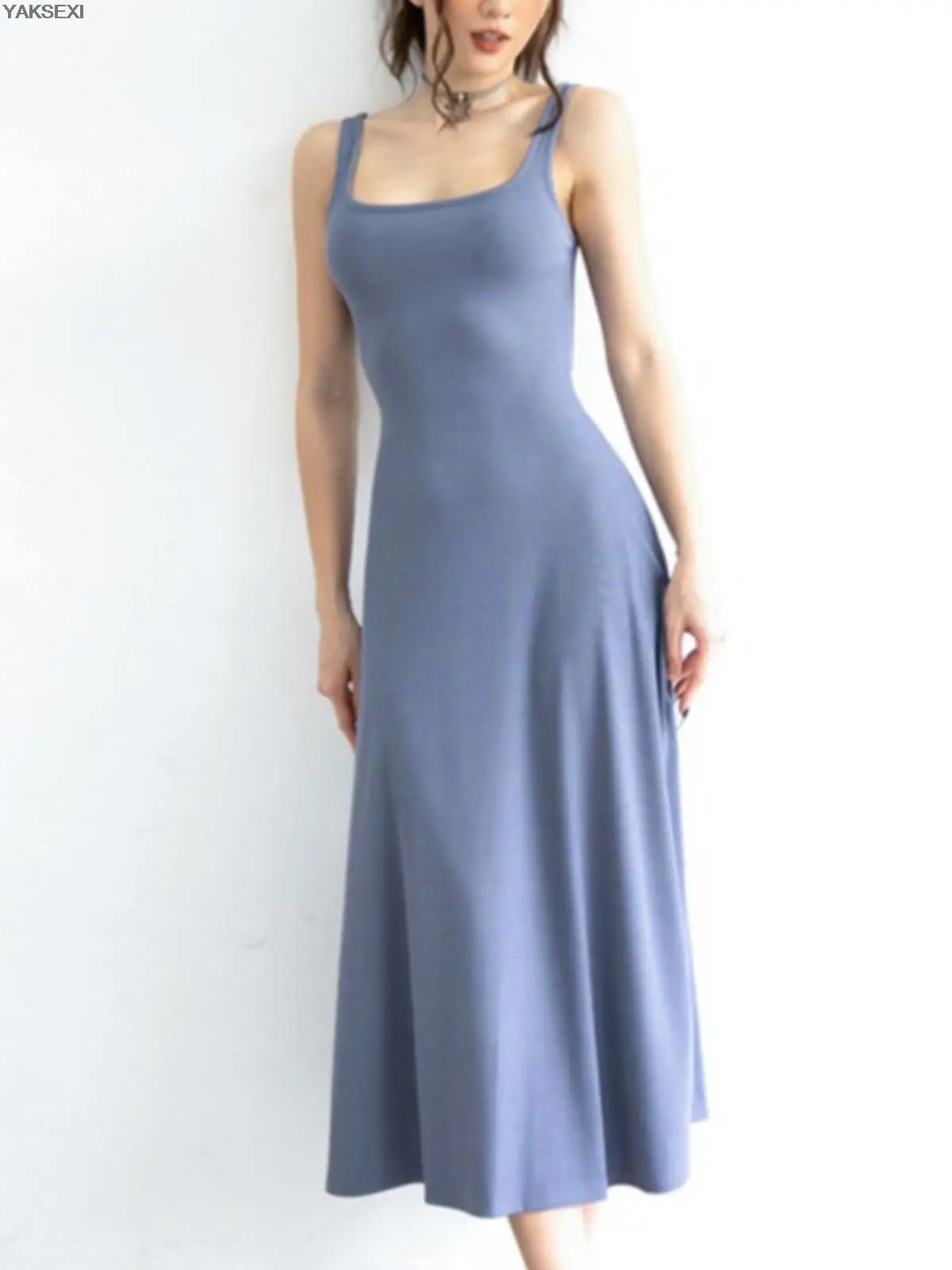 

YAKASEXI 2023 Solid Color Square Collar Long Dress Women Elegant Strap Sleeveless Sundresses Summer Party Robe