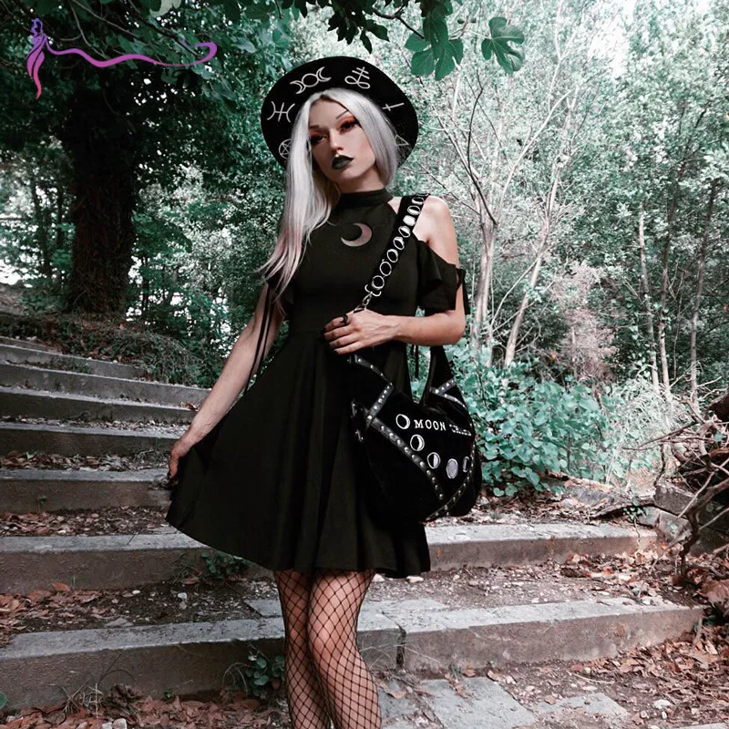 

WOWOOTD Goth punk dresses with moon droopy short sleeve women dress elegant Gothic 2021 summer women high waist gothic dresses