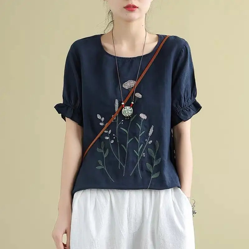 

Vintage Embroidery Shirts Women Retro O Neck Short Sleeve Cotton Linen Blouse Harajuku White Casual Loose Woman Tos Mujer