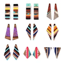 20pcs Geometric Long Strip Wood Charms Splicing Resin Pendant For Earring Keychain Necklace DIY Jewelry Making Accessories