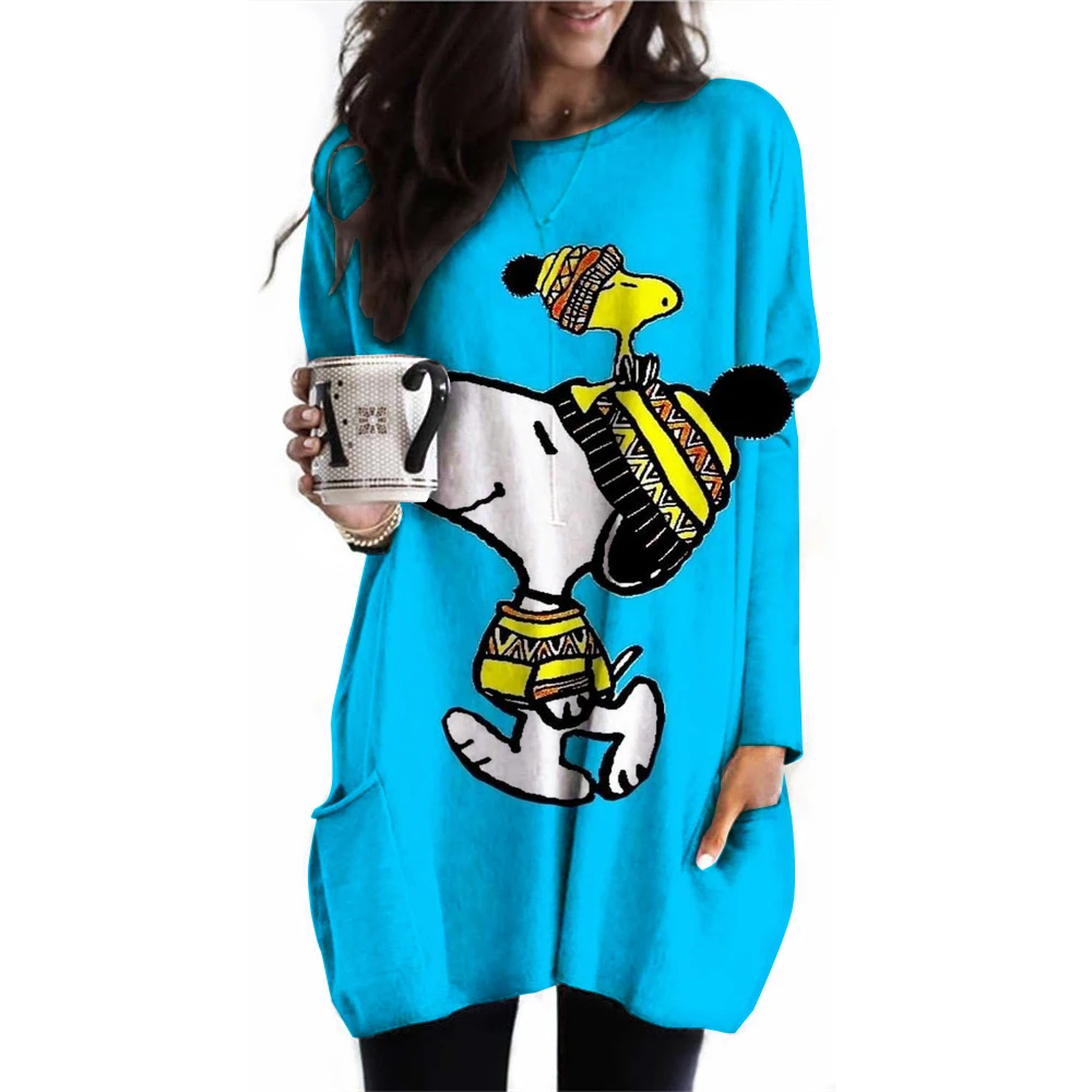 Женская футболка с принтом Snoopy осенняя длинными рукавами и карманами Модный
