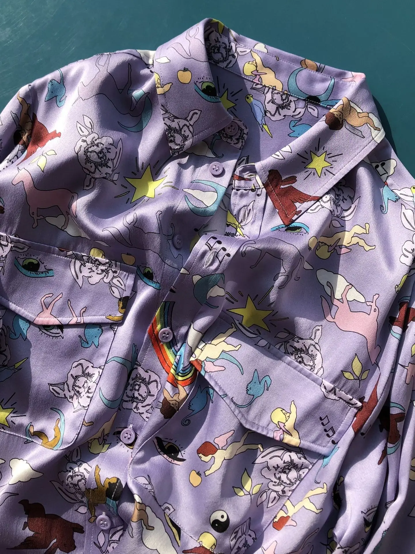 Женская блузка с длинным рукавом из 100% шелка радужным принтом ангела Мягкая