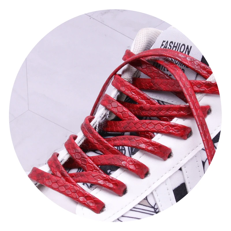 Weiou 7mm Flat Snake Skin Shoelaces White Red Grey Brown Luxury Leather Shoe Laces With Gold Metal Aglets For Sneakers Sports