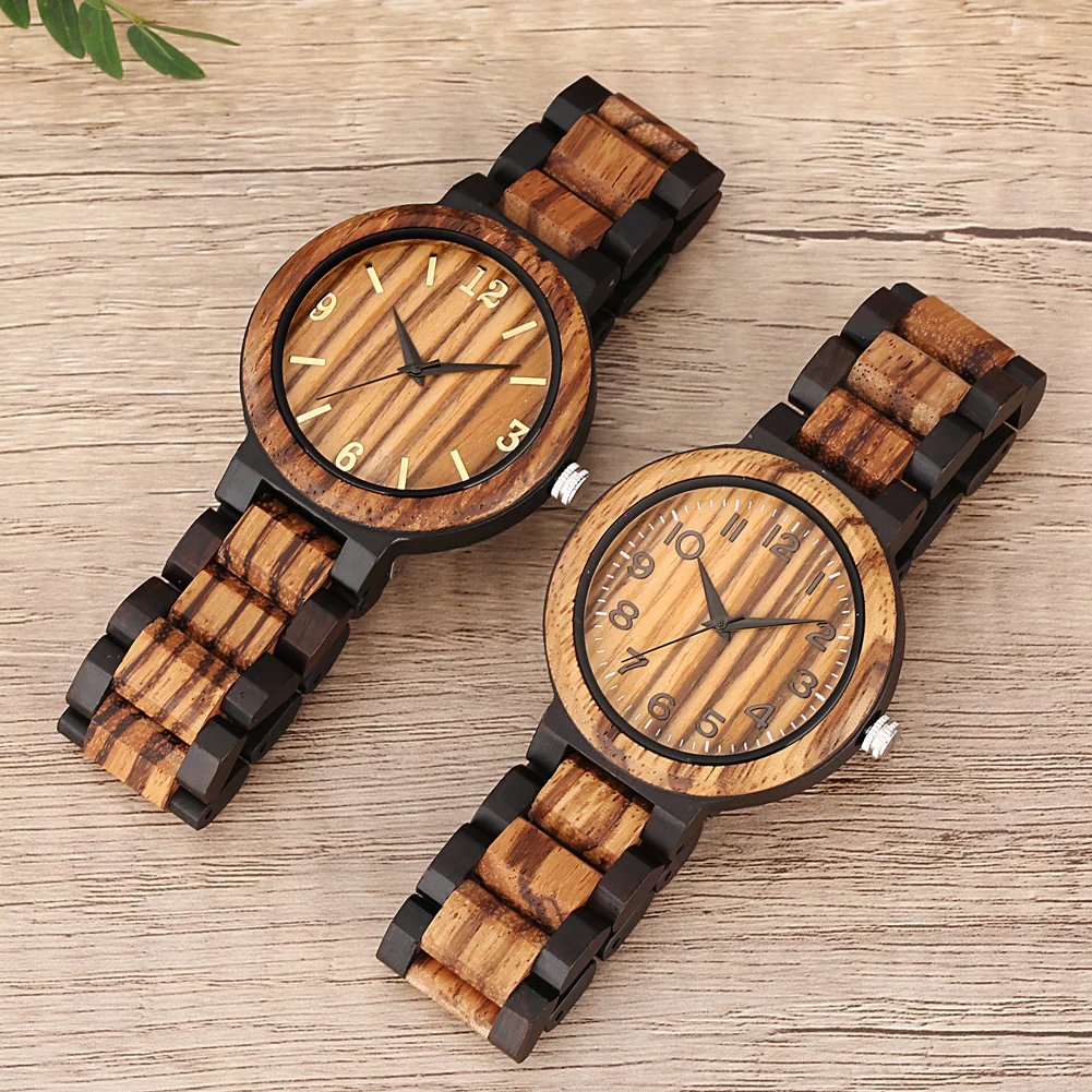 

Classic Ebony Zebrawood Quartz Men Watches Arabic Numerals Display Dial Natural Wooden Bracelet Watch Band Casual Male Watch