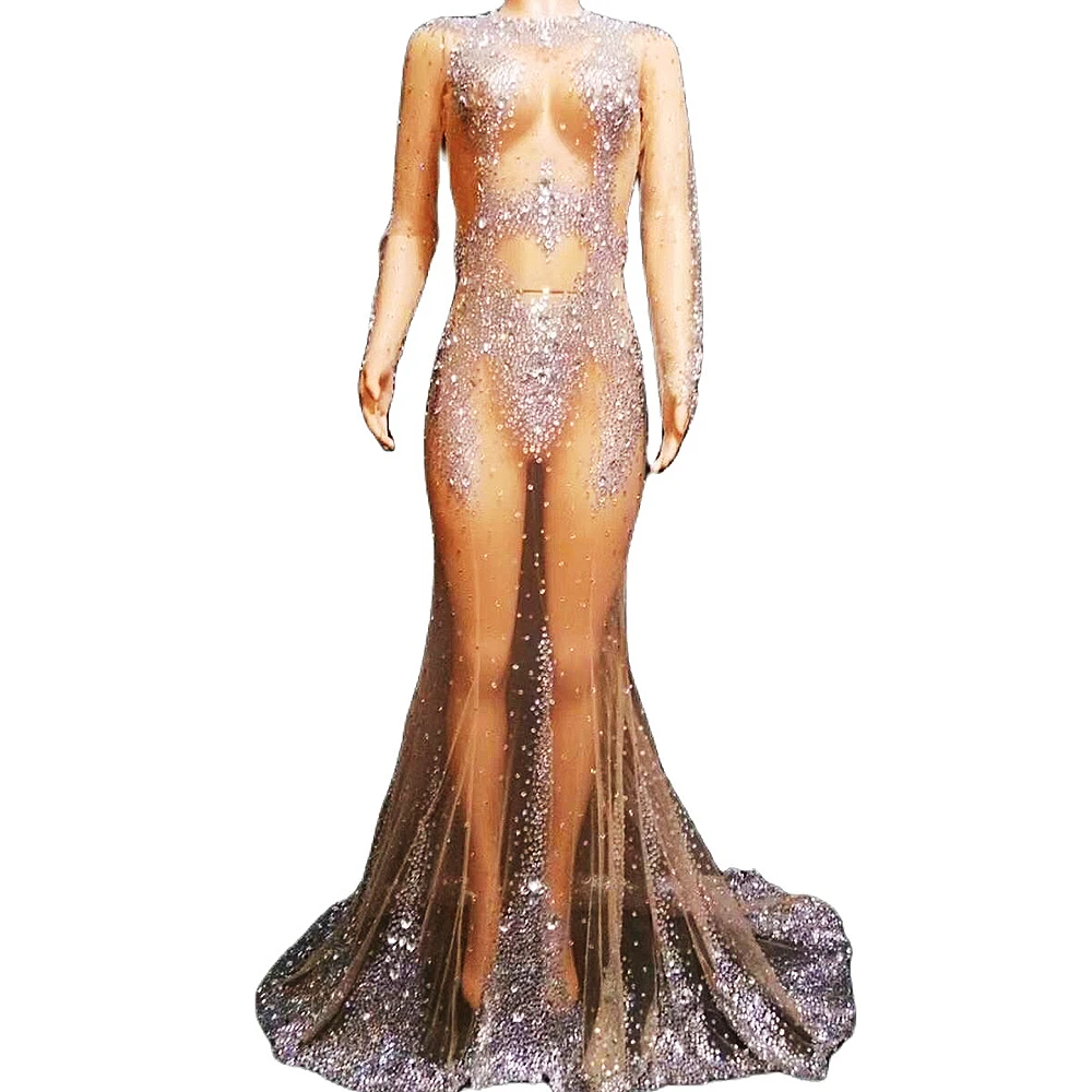 

Sexy Nude Perspective Shining Rhinestones Sequins Gauze Women Dress Evening Party Club Clothing Singer Perform Stage Costume
