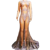 sexy nude perspective shining rhinestones sequins gauze women dress evening party club clothing singer perform stage costume