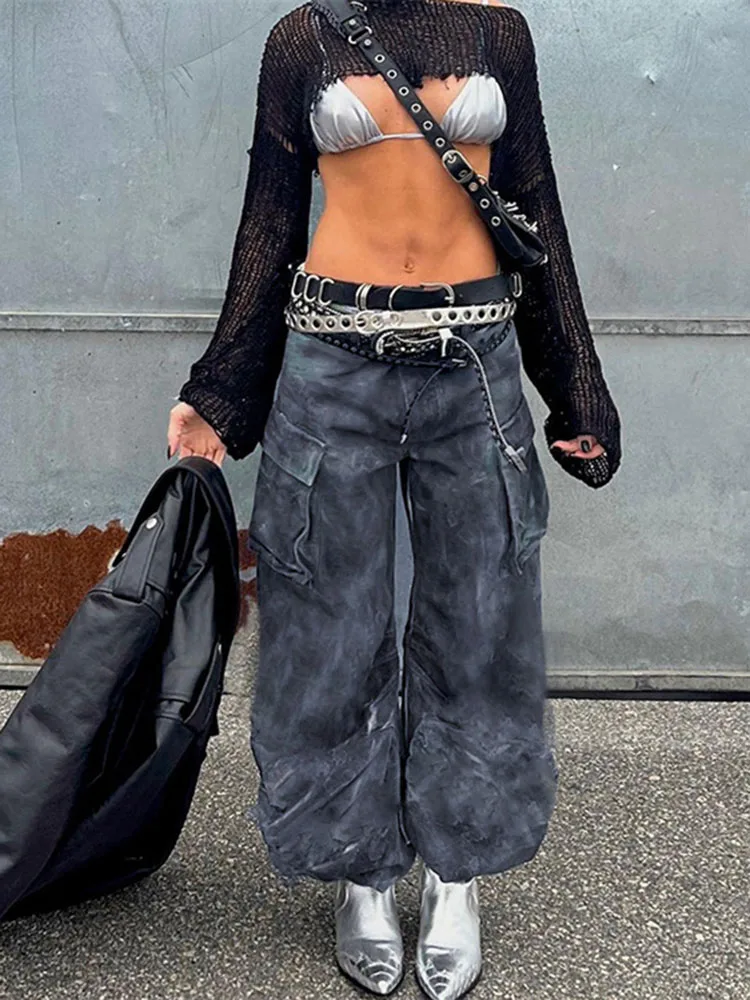 

Habbris Autumn Print Cargo Pants Casual Outfit For Women 2022 High Waist Pocket Loose Long Pants Female Fashion Straight Trouser