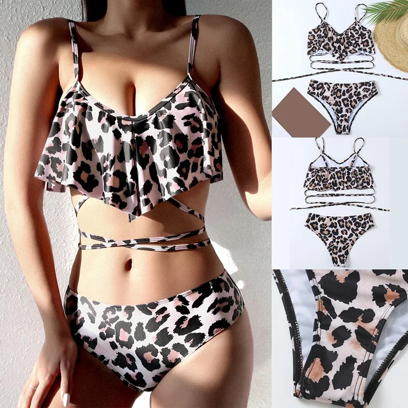 

Women's Leopard Print Bikini 2-Piece Sexy Mid-High Waist Split Swimsuit Black