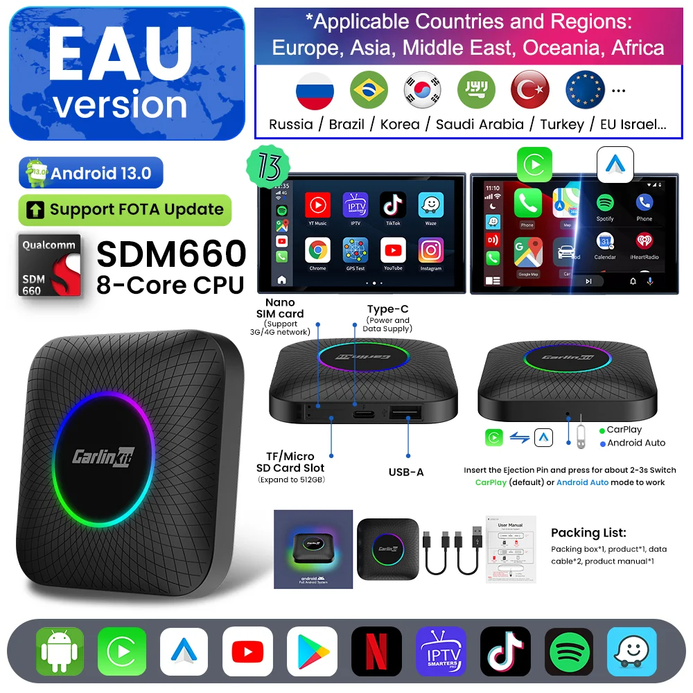 

Carlinkit SDM660 ТВ-приставка Android 13 Qualcomm 8-ядерный беспроводной адаптер Android Auto CarPlay Поддержка онлайн-видео USB-A-порт Youtube