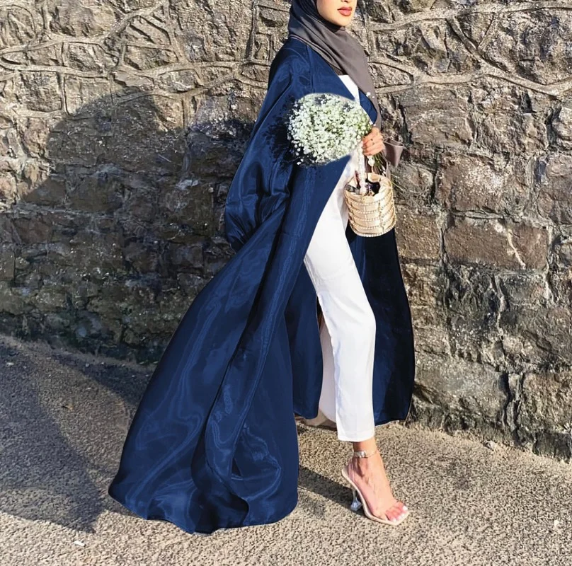 2022 Ramadan Open Abaya Kimono Dress Shiny Soft Puff Sleeves Satin Abayas for Women Dubai Turkey Muslim Hijab Dress Islam Kaftan