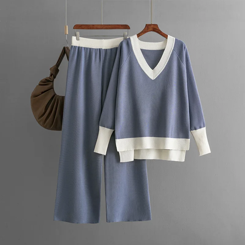 Шикарный Свободный вязаный комплект из 2 предметов женская трикотажная одежда с